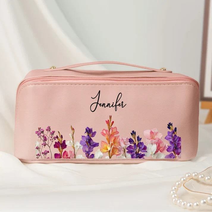 Personalized Blush Floral Leather Makeup Bag, Birth Flower Keepsake, Creative Gift for Mom, Sister or Friend