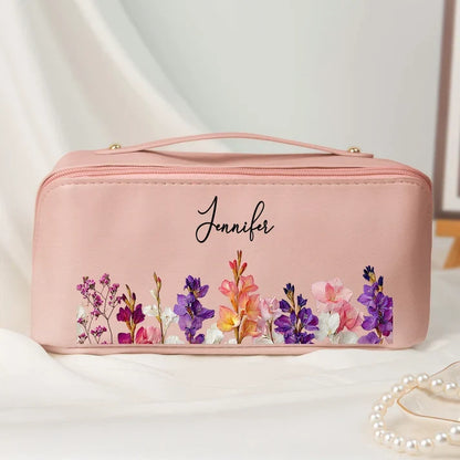 Personalized Blush Floral Leather Makeup Bag, Birth Flower Keepsake, Creative Gift for Mom, Sister or Friend