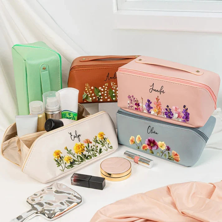 Personalized Blush Floral Leather Makeup Bag, Birth Flower Keepsake, Creative Gift for Mom, Sister or Friend