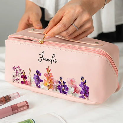 Personalized Blush Floral Leather Makeup Bag, Birth Flower Keepsake, Creative Gift for Mom, Sister or Friend