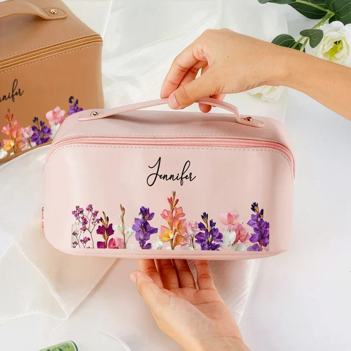 Personalized Blush Floral Leather Makeup Bag, Birth Flower Keepsake, Creative Gift for Mom, Sister or Friend