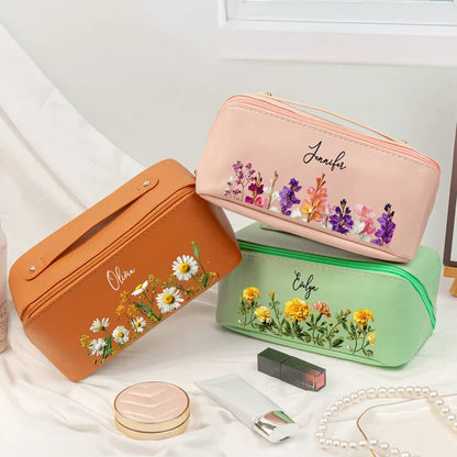 Personalized Blush Floral Leather Makeup Bag, Birth Flower Keepsake, Creative Gift for Mom, Sister or Friend