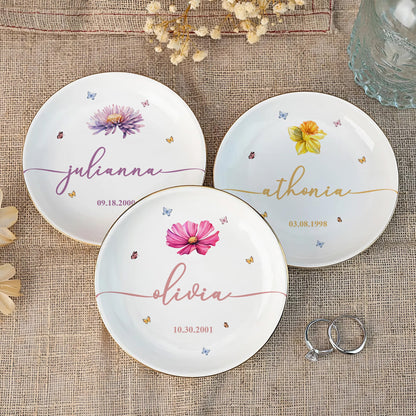 Custom Floral Jewelry Dish with Elegant Accents, Personalized Gift
