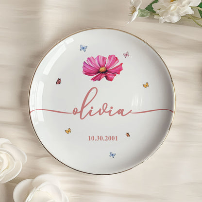 Custom Floral Jewelry Dish with Elegant Accents, Personalized Gift