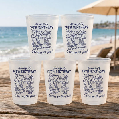 Personalized Milestone Birthday Party Cups | Custom Name & Age Beach Celebration Cups