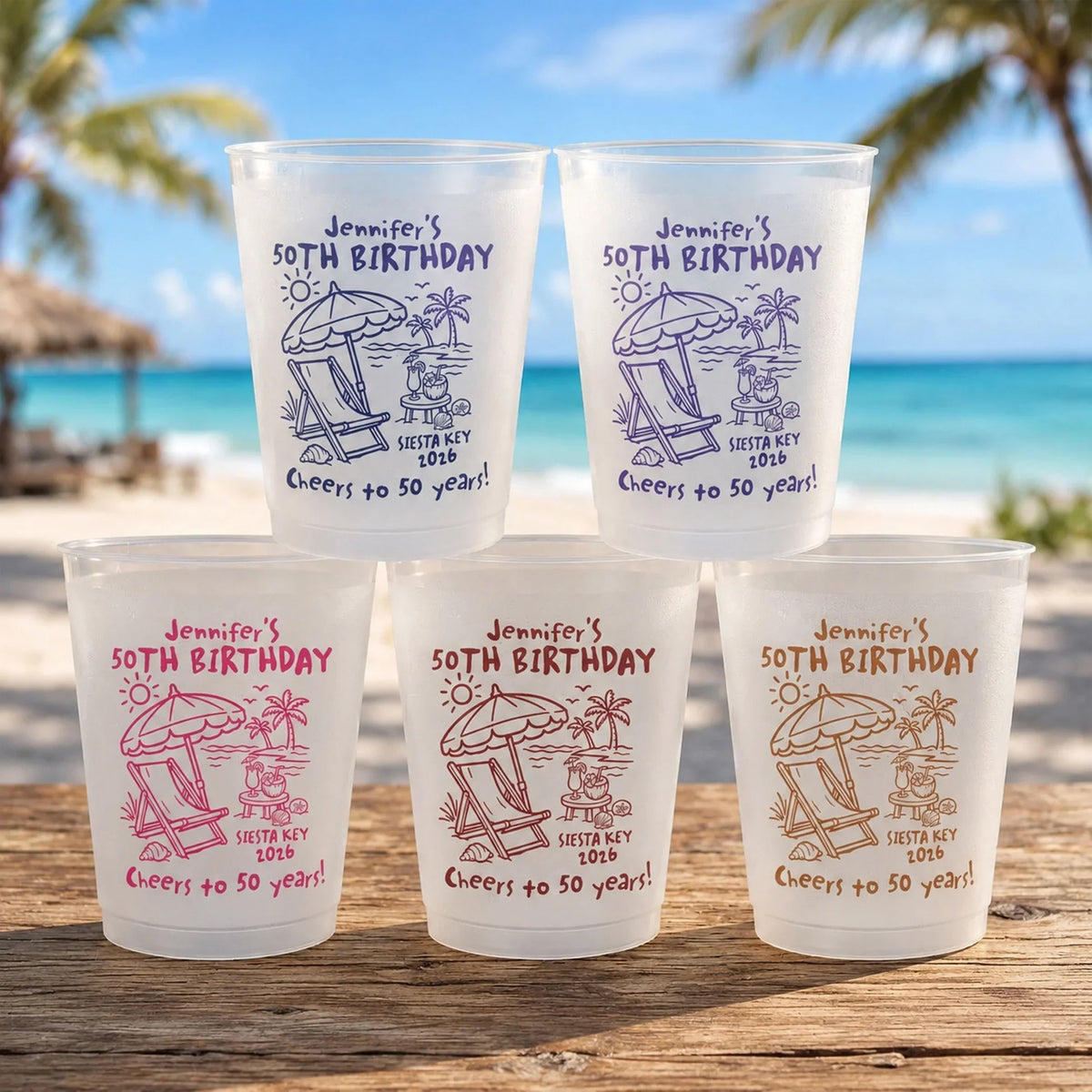 Personalized Milestone Birthday Party Cups | Custom Name & Age Beach Celebration Cups