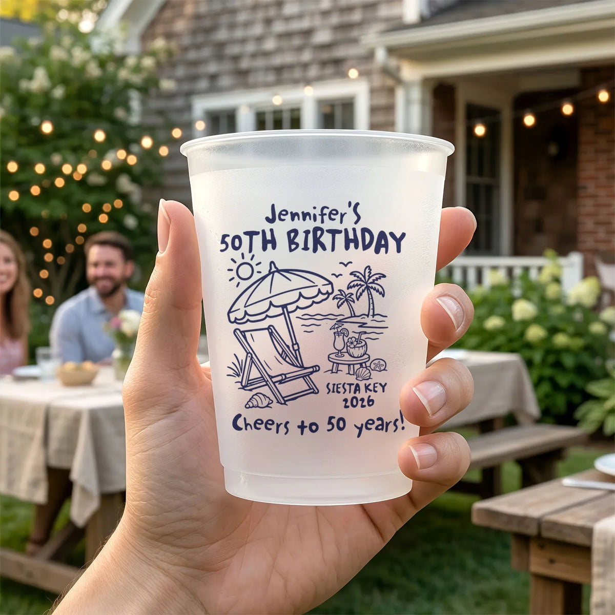 Personalized Milestone Birthday Party Cups | Custom Name & Age Beach Celebration Cups
