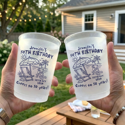 Personalized Milestone Birthday Party Cups | Custom Name & Age Beach Celebration Cups