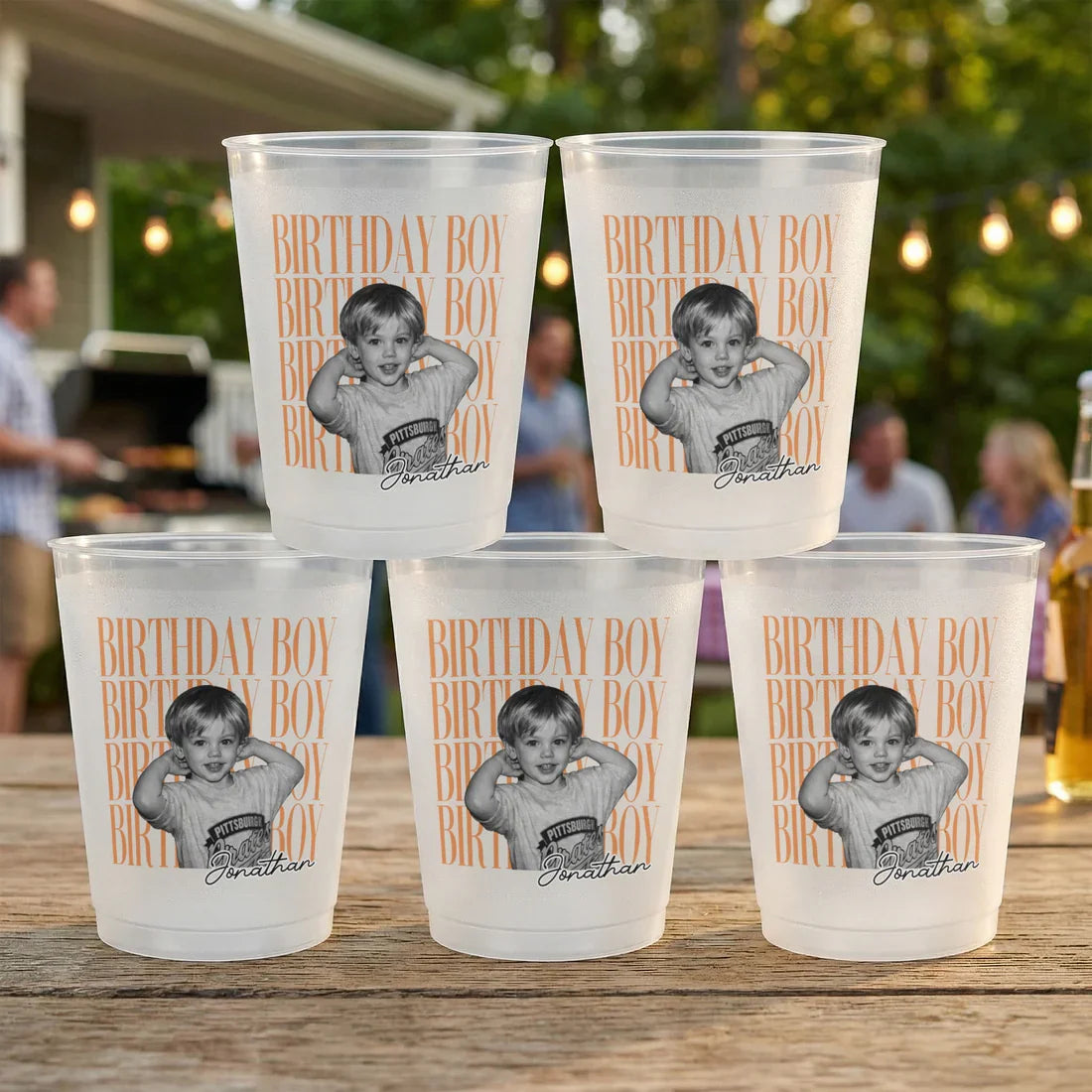 Frosted Plastic Cup for Birthday, Custom Photo Design with Warm Orange Text, Creative Gift for Parties