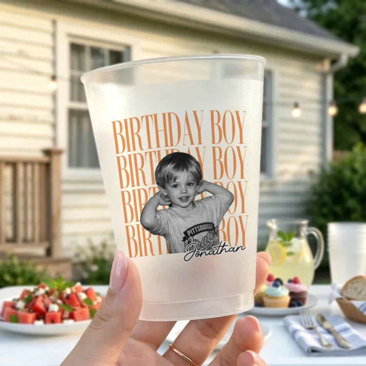 Frosted Plastic Cup for Birthday, Custom Photo Design with Warm Orange Text, Creative Gift for Parties