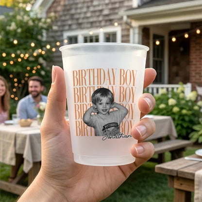 Frosted Plastic Cup for Birthday, Custom Photo Design with Warm Orange Text, Creative Gift for Parties