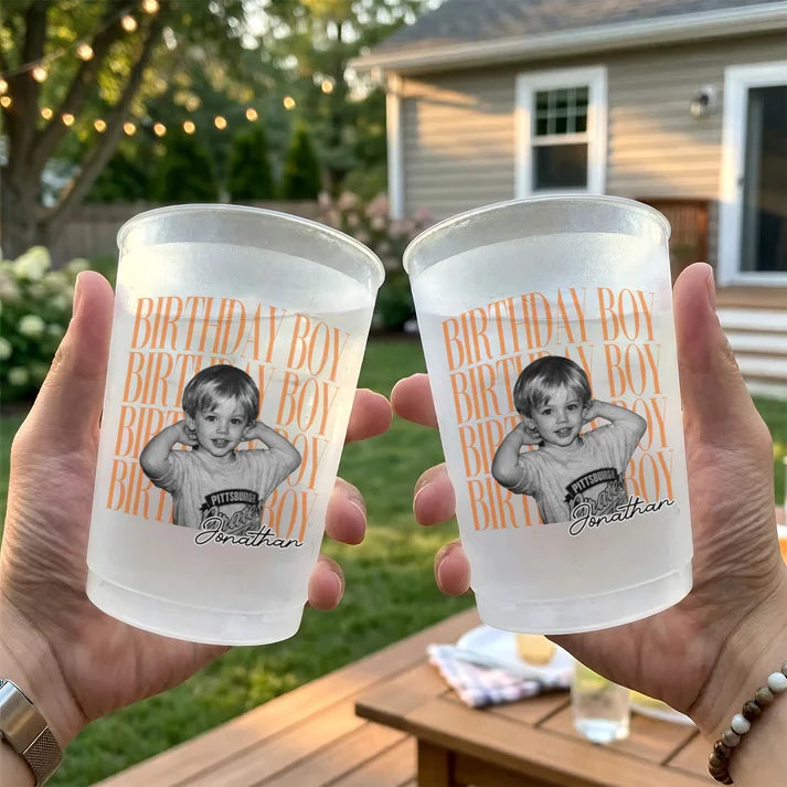 Frosted Plastic Cup for Birthday, Custom Photo Design with Warm Orange Text, Creative Gift for Parties