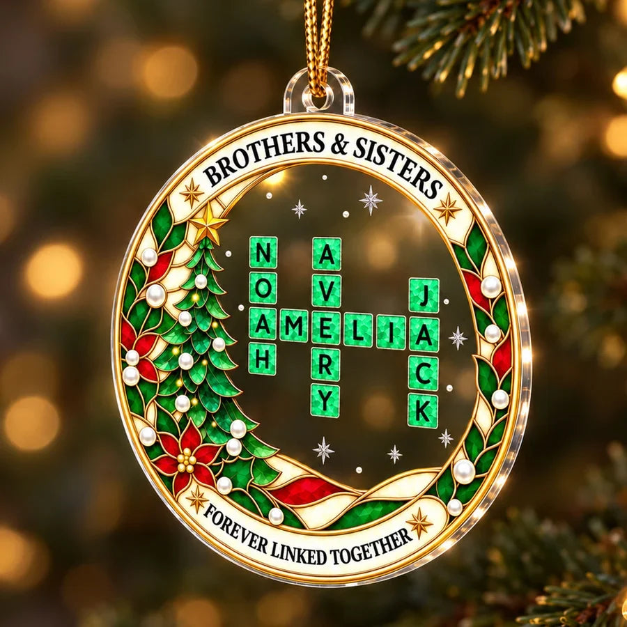 Personalized Acrylic Ornament, Sibling Crossword on a Christmas Tree, Unique Gift for Brothers & Sisters