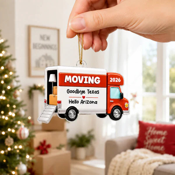 Personalized Acrylic Ornament, Red Moving Van Hanging Tree Decor, Unique New Home Gift for Family