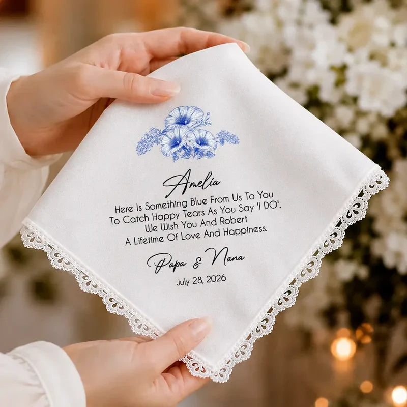 Personalized Blue Floral Cotton Handkerchief, Unique Wedding Gift for Bride From Mom