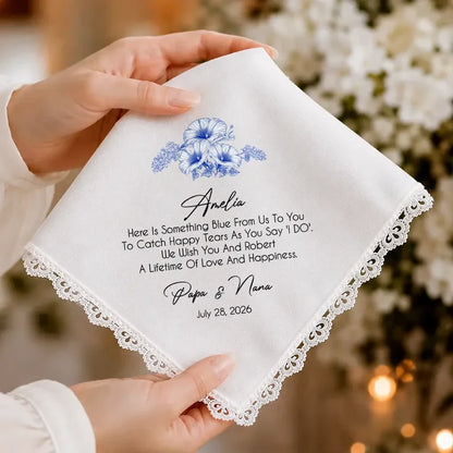 Personalized Blue Floral Cotton Handkerchief, Unique Wedding Gift for Bride From Mom