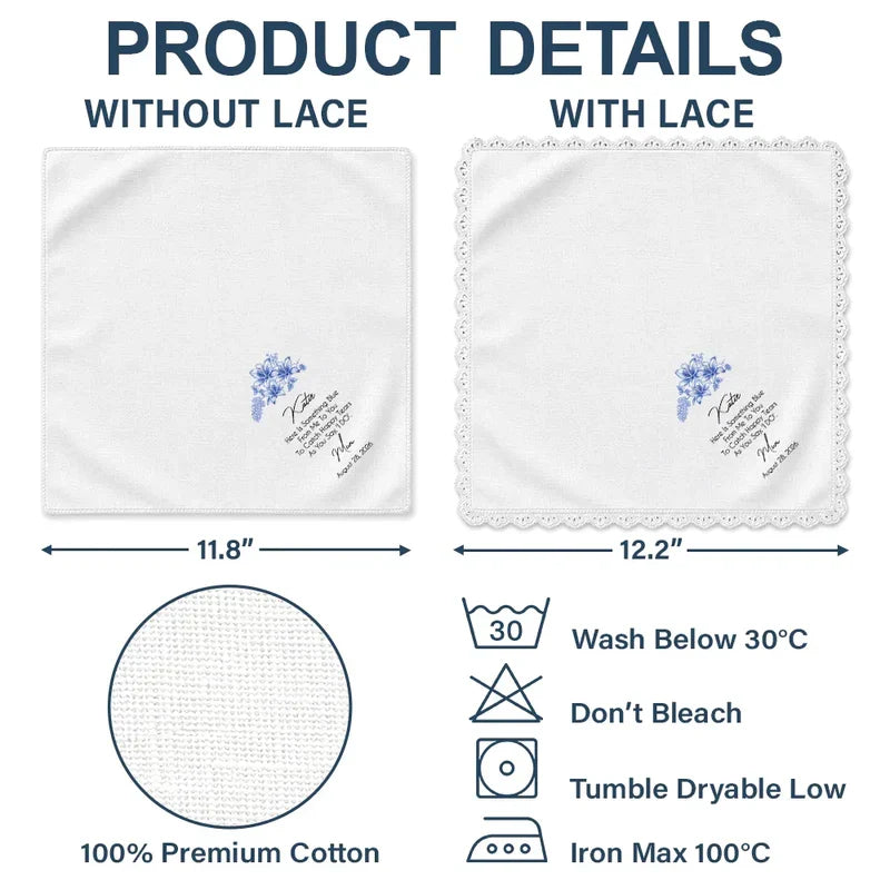 Personalized Blue Floral Cotton Handkerchief, Unique Wedding Gift for Bride From Mom