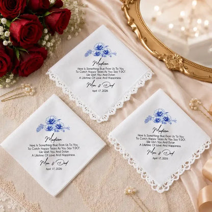 Personalized Blue Floral Cotton Handkerchief, Unique Wedding Gift for Bride From Mom