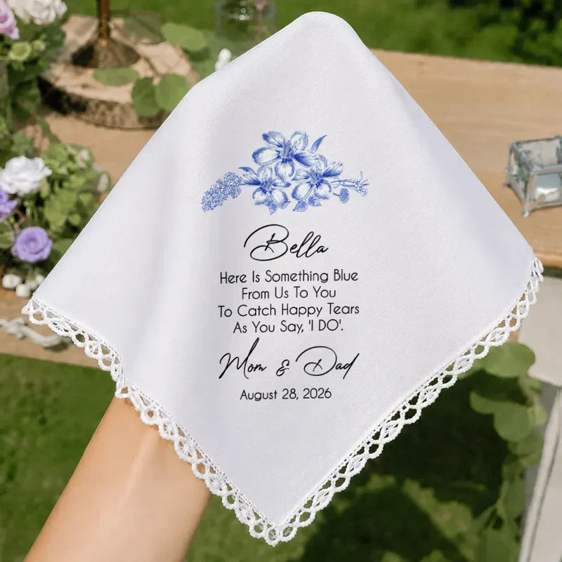 Personalized Blue Floral Cotton Handkerchief, Unique Wedding Gift for Bride From Mom
