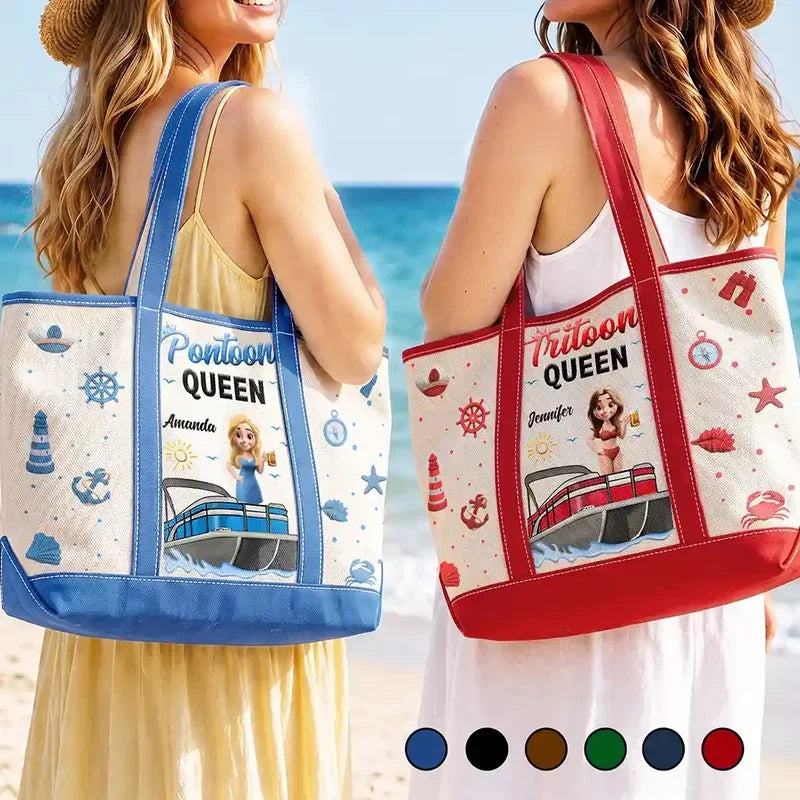 Pontoon Queen Oxford Cloth Tote Bag, Personalized Woman and Boat Design, Creative Gift for Her Boating Memories
