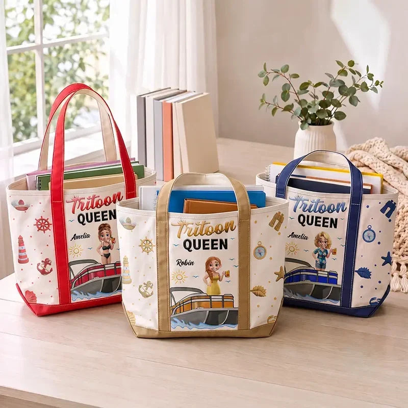 Pontoon Queen Oxford Cloth Tote Bag, Personalized Woman and Boat Design, Creative Gift for Her Boating Memories