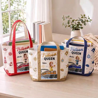 Pontoon Queen Oxford Cloth Tote Bag, Personalized Woman and Boat Design, Creative Gift for Her Boating Memories