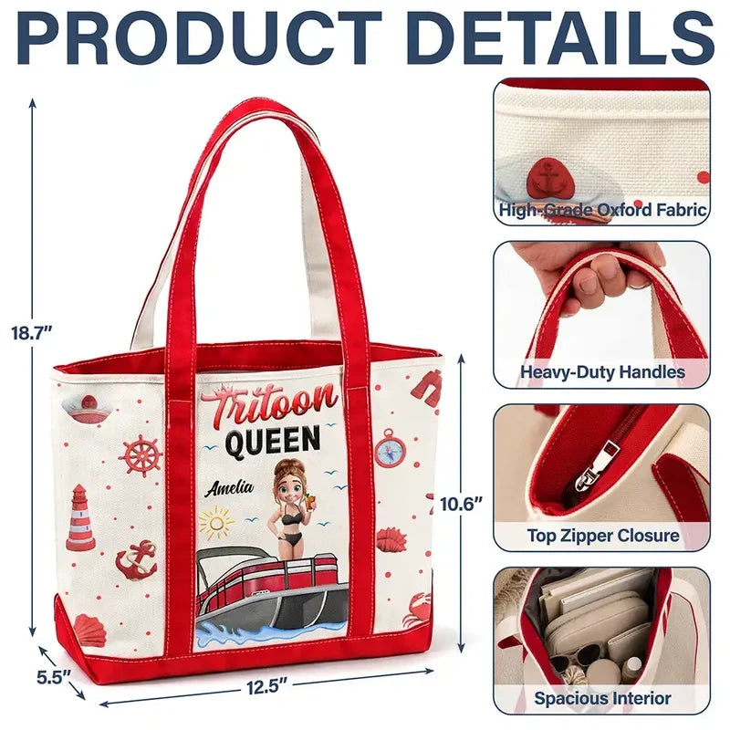 Pontoon Queen Oxford Cloth Tote Bag, Personalized Woman and Boat Design, Creative Gift for Her Boating Memories