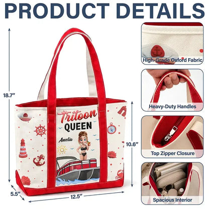 Pontoon Queen Oxford Cloth Tote Bag, Personalized Woman and Boat Design, Creative Gift for Her Boating Memories