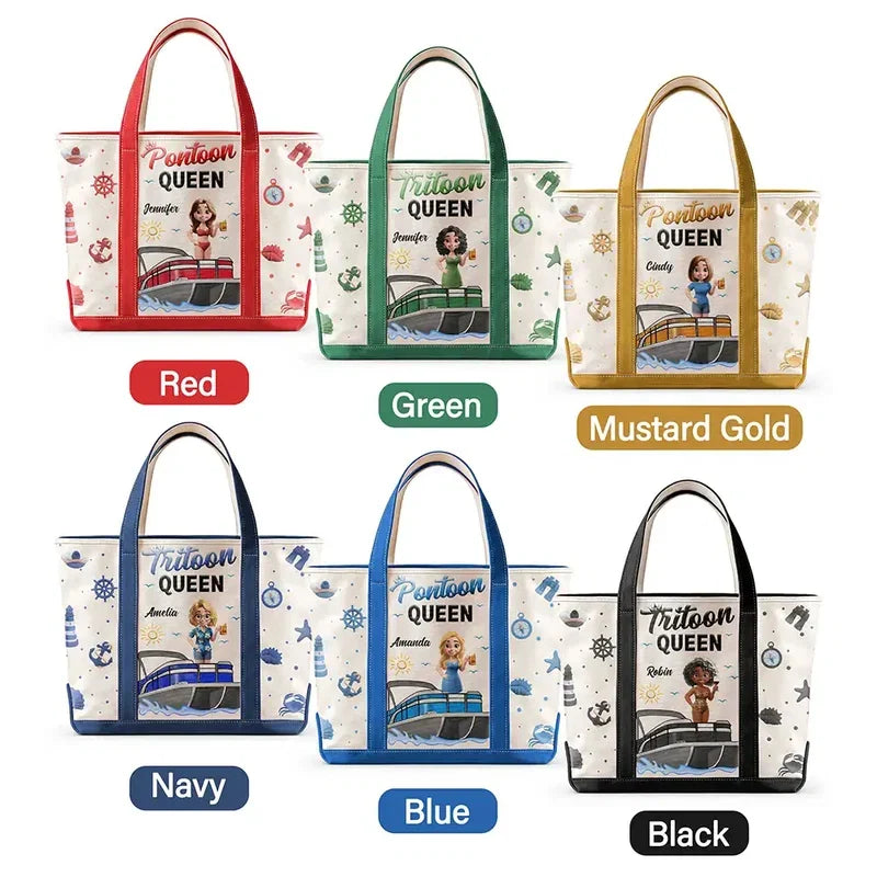 Pontoon Queen Oxford Cloth Tote Bag, Personalized Woman and Boat Design, Creative Gift for Her Boating Memories
