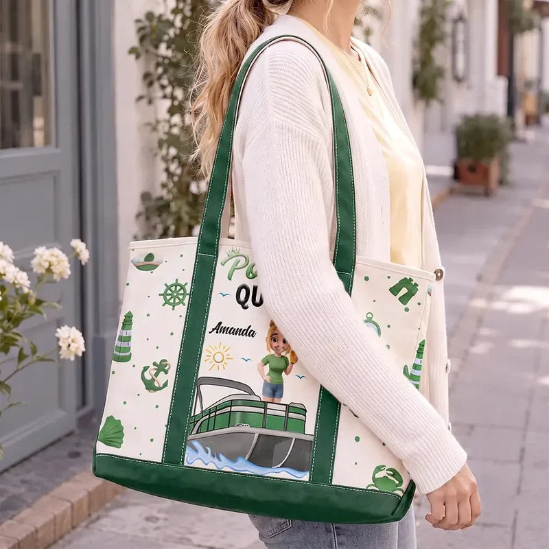 Pontoon Queen Oxford Cloth Tote Bag, Personalized Woman and Boat Design, Creative Gift for Her Boating Memories