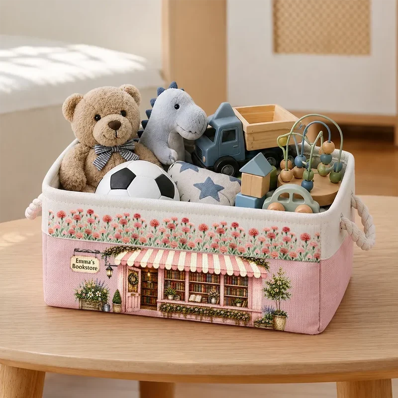 Cotton Linen Rope Basket, Personalized Pastel Bookstore Scene, Creative Gift for Readers and Home Organizers