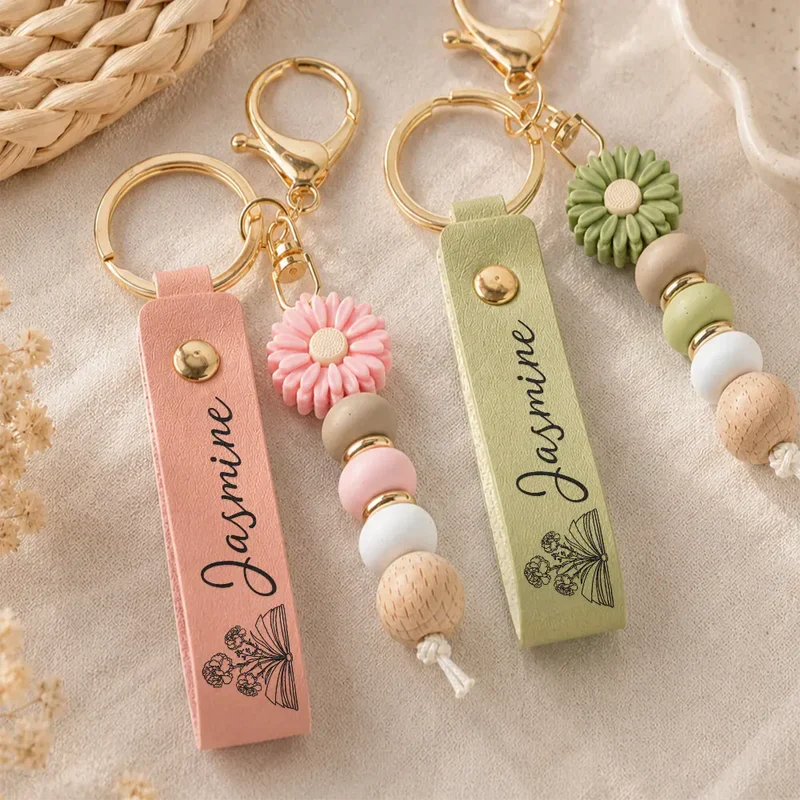 PU Leather Daisy Keychain, Personalized Pastel Floral Keepsake, Creative Gift for Mom, Sister or Friend