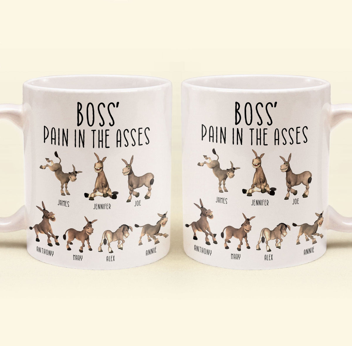 Boss' Pain in the Asses White Ceramic Mug, Personalized Office Humor Gift for Coworkers and Morning Coffee Smiles