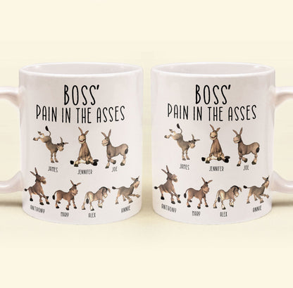 Boss' Pain in the Asses White Ceramic Mug, Personalized Office Humor Gift for Coworkers and Morning Coffee Smiles