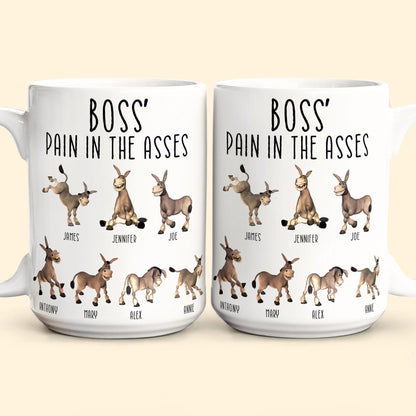 Boss' Pain in the Asses White Ceramic Mug, Personalized Office Humor Gift for Coworkers and Morning Coffee Smiles