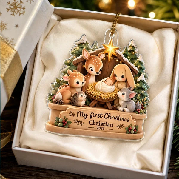 Personalized Acrylic Ornament, My First Christmas Snowy Woodland Scene in Warm Neutrals, Unique Baby Keepsake Gift