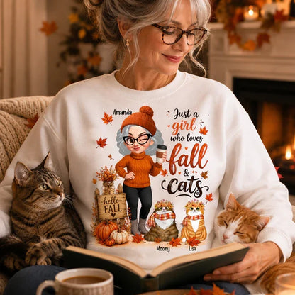 Personalized Fall & Cats Sweatshirt, Custom Cat Mom Design with Coffee, Unique Gift for Cat Lover