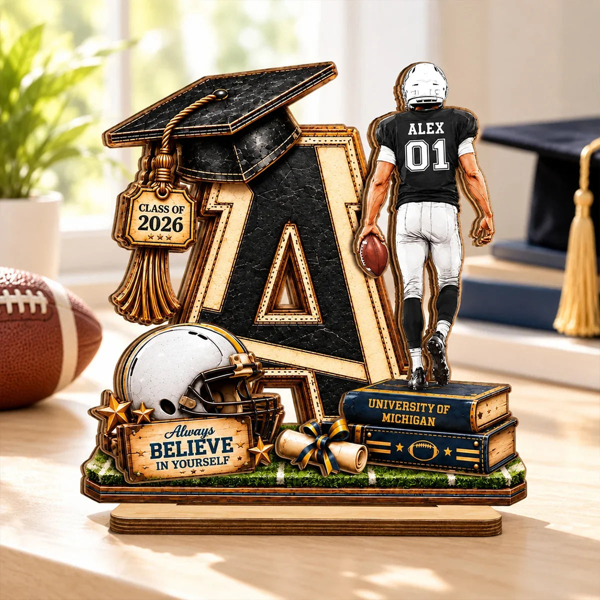 Personalized Acrylic Light Box, Football Graduate Walking with a Ball, Creative Gift for Son or Grandson