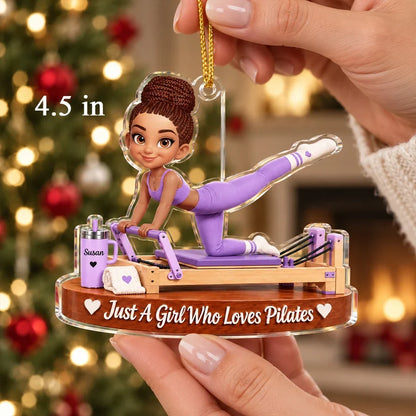 Personalized Acrylic Ornament, Pink Pilates Reformer Girl, Unique Christmas Gift for Wife, Daughter or Friend