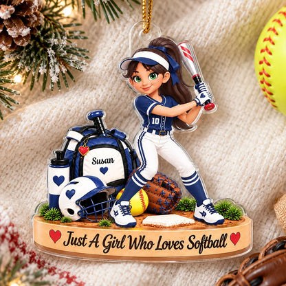 Personalized Acrylic Ornament, Cartoon Softball Player Swinging a Bat, Unique Christmas Gift for Daughter