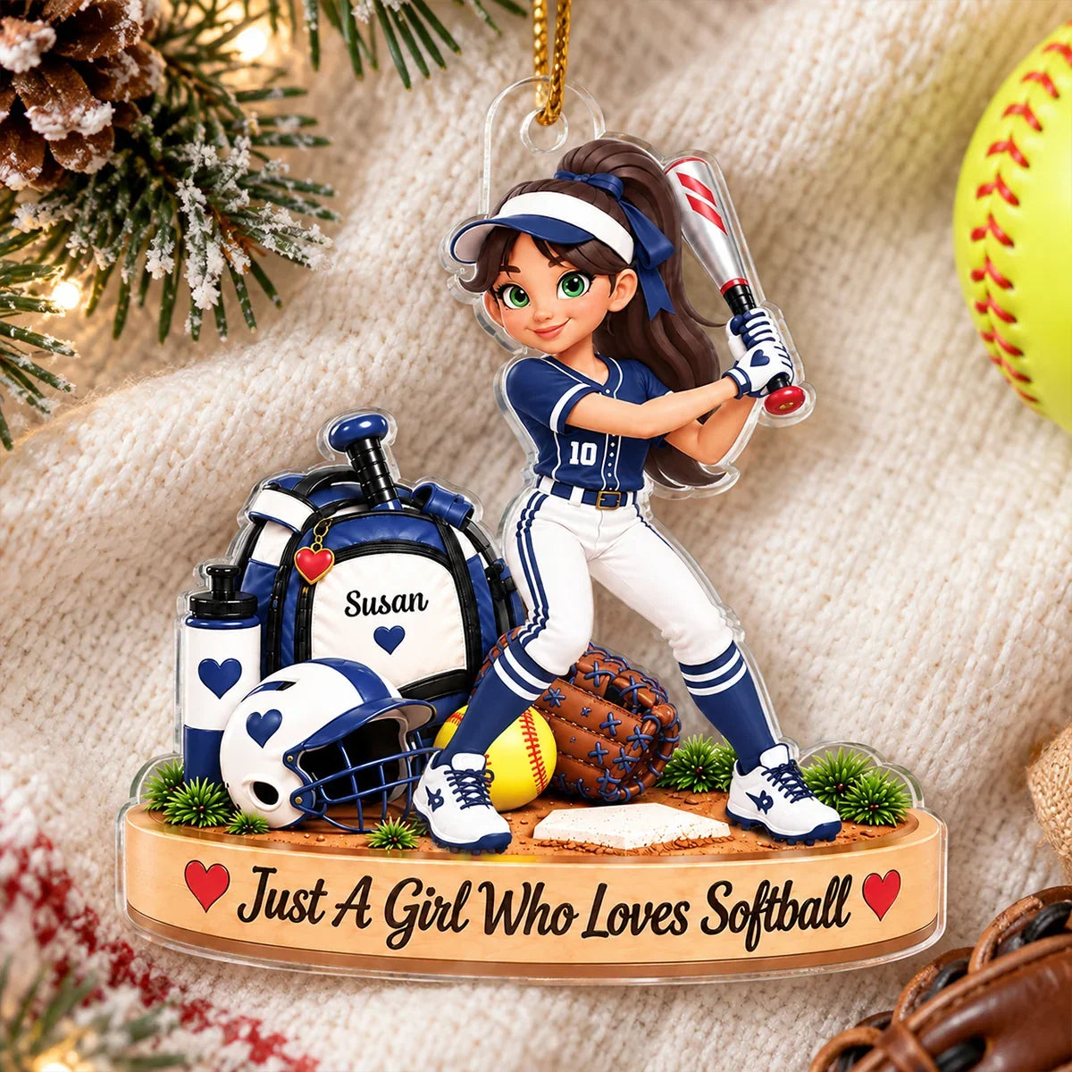 Personalized Acrylic Ornament, Red Cartoon Softball Girl at Bat, Unique Gift for Daughter or Granddaughter