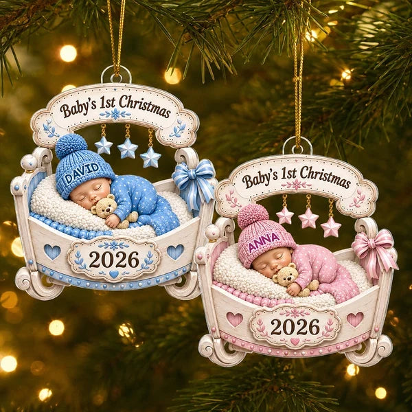 Baby's 1st Christmas Acrylic Ornament, Pink Sleeping Baby in Cradle, Heartwarming Creative Gift for Family