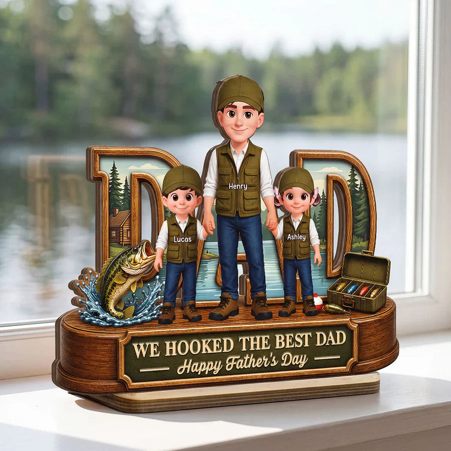 Personalized 2-Layer Wooden Plaque for Fishing Dad, Dad and Kids Holding Hands, Unique Father's Day Gift