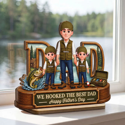 Personalized 2-Layer Wooden Plaque for Fishing Dad, Dad and Kids Holding Hands, Unique Father's Day Gift