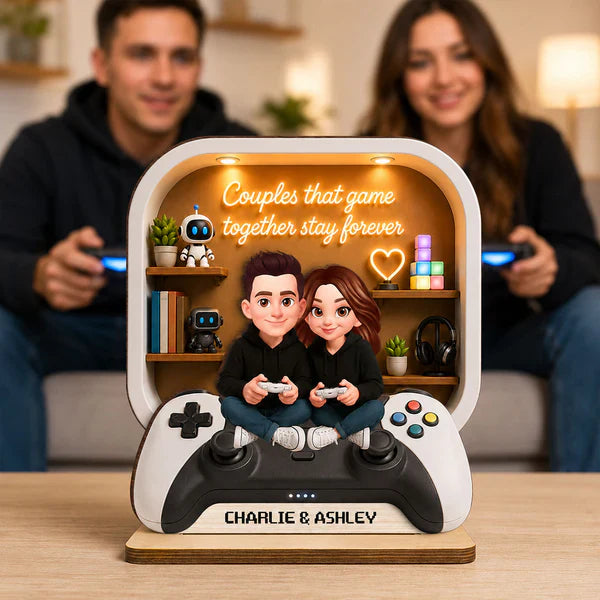 Personalized 2-Layer Wooden Plaque, Gaming Couple Cartoon Scene, Unique Gift for Shared Playtime