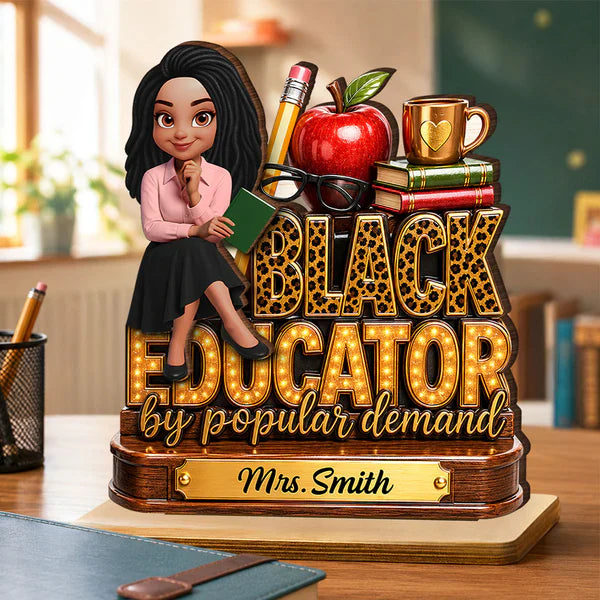2-Layer Wooden Plaque, Black Educator Sitting Teacher Classroom Art, Unique Gift for Teacher