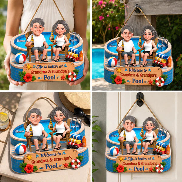 Personalized Wooden Sign, Cartoon Grandparents by the Pool, Unique Creative Gift for Grandma & Grandpa