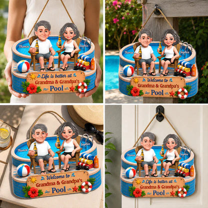 Personalized Wooden Sign, Cartoon Grandparents by the Pool, Unique Creative Gift for Grandma & Grandpa