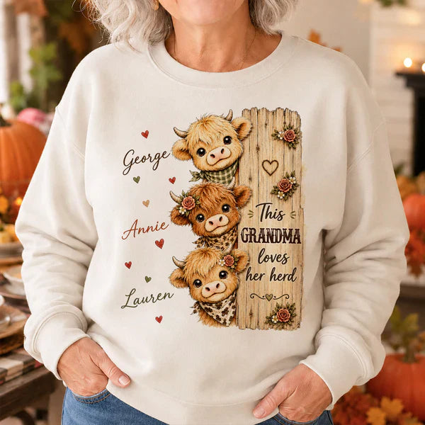 Grandma Loves Her Herd Classic Tee, Personalized Highland Cow Family Shirt, Unique Gift for Grandma