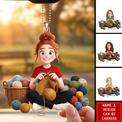 Personalized Acrylic Car Hanger with Cute Crocheting Woman, Warm Yarn Art, Unique Gift for Craft Lovers